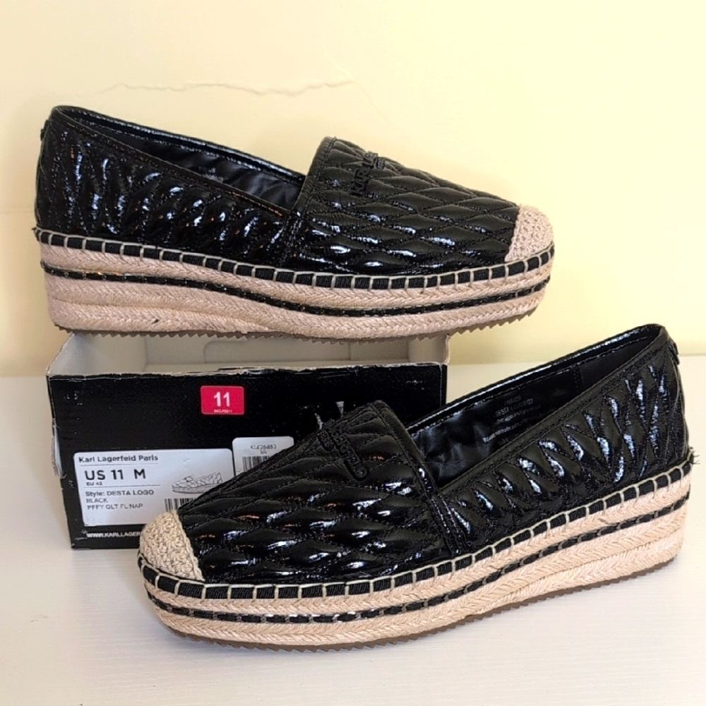 Karl Lagerfeld Paris Size 11 Desta Logo Black Puffy Quilted Platform Espadrilles